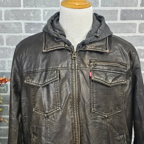 Levi's Men's Faux Leather Sherpa Hoodie‎ Jacket XXL Brown Distressed Grunge Moto